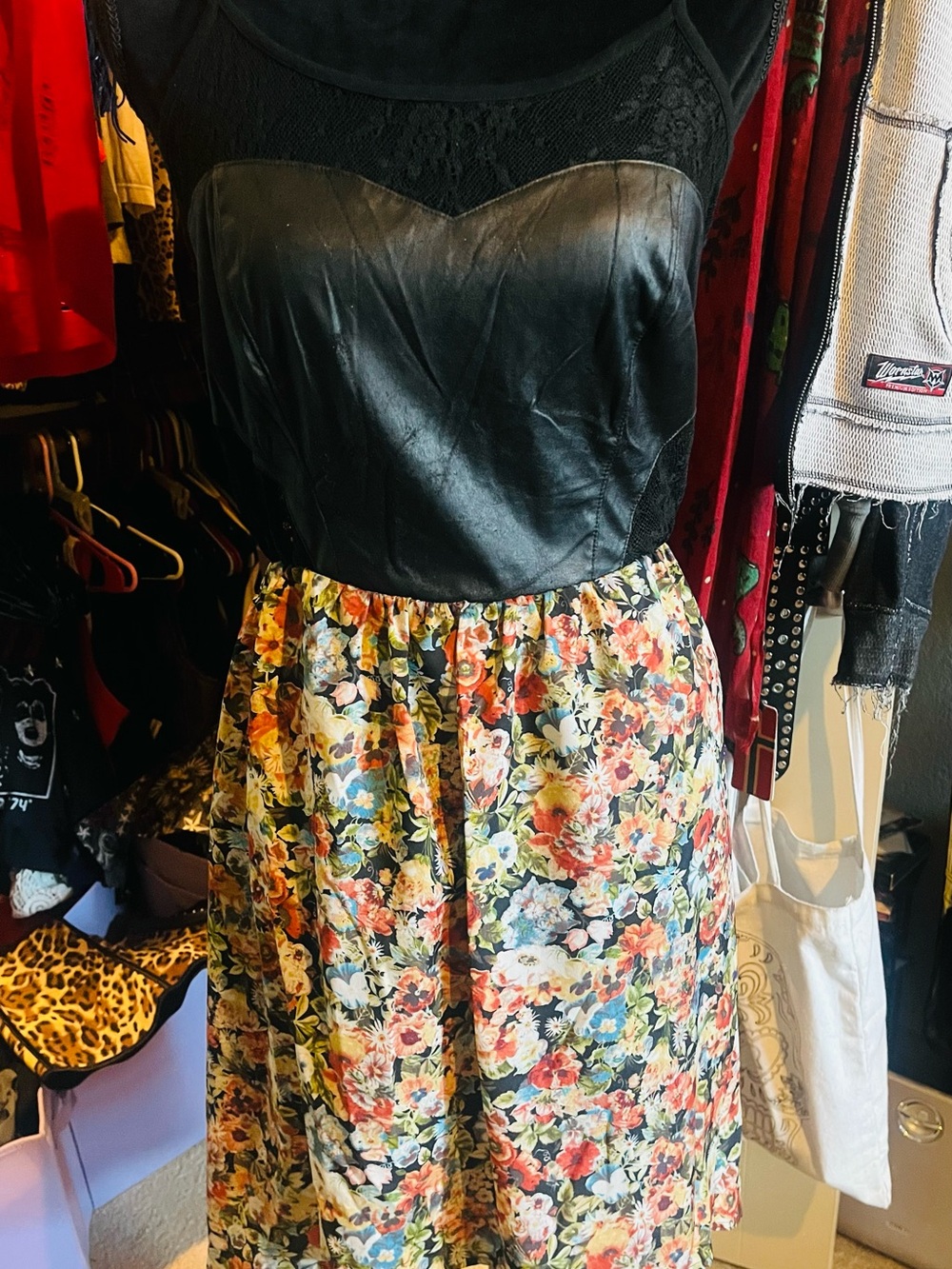 Chloe K Black Bodice Floral Multi-Color Skirt Dress